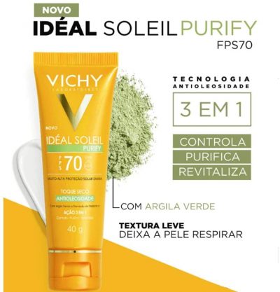 protetor solar purify vichy 3 - Protetor Solar Facial Idéal Soleil Purify FPS 70- Vichy